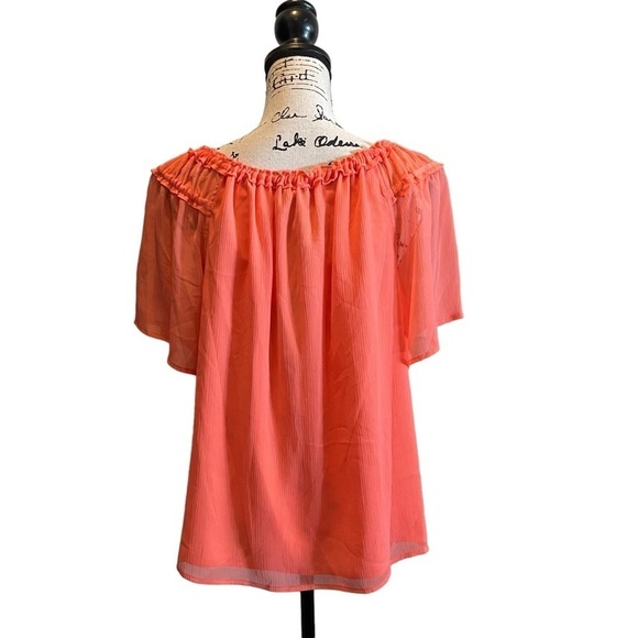 DKNY Chiffon Off the Shoulder Top Coral Orange Size Medium NWT Ruffle Crinkle - Picture 4 of 9